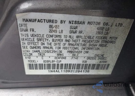 2002 Nissan Altima 2.5 Sl из США, поврежденный, VIN 1N4AL11D92C294136